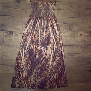 Smocked Strapless Animal Print Dress
